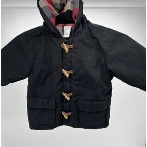 Baby Gap Black Hooded Coat W/ Toggle Buttons Plaid Flannel Lining Sz XL 18-24 MO